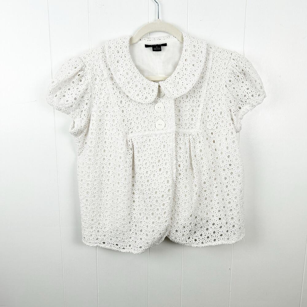 Style & Co White Eyelet Peter Bank Color Lined Short Sleeve Top Medium